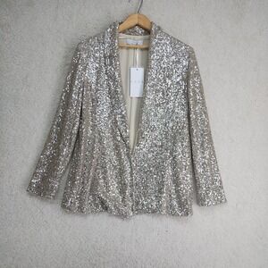 KAOS Sequin Blazer Womens Front Long Sleeve Party Jacket Gold Silver Shimmer